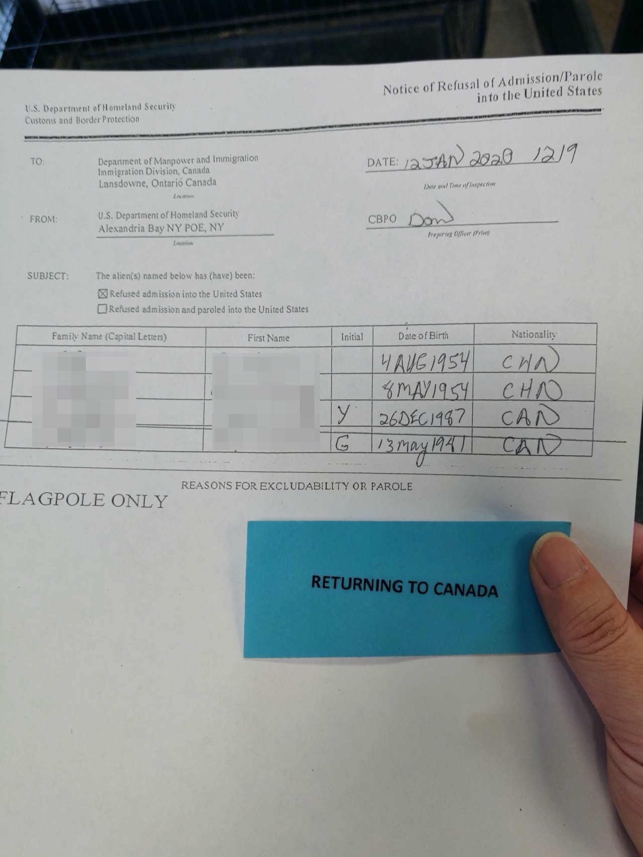 美国海关人员出具的拒签表格