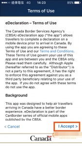 加拿大海关CanBorder手机app的用户条款画面